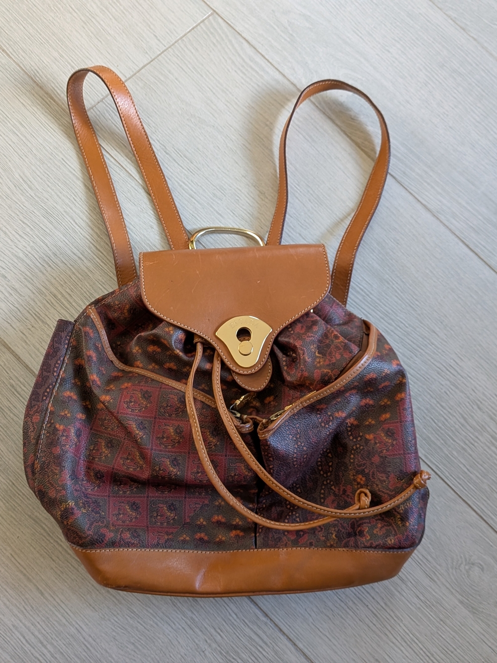 Escada Vintage Women's Brown Patterned Drawstring Backpack Tote